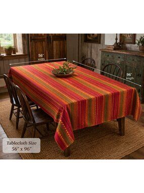 HS Tablecloth 56x96 Heavy Cotton Rectangular Rustic Stripe Southwest Autumn Red
